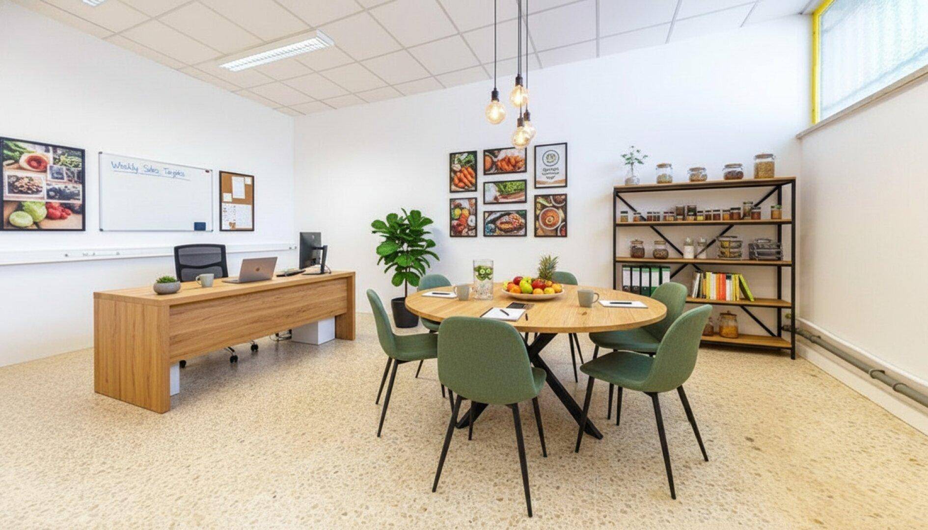 Modernes Büro mit großem Holzschreibtisch, rundem Besprechungstisch und Regalen für Organisation.