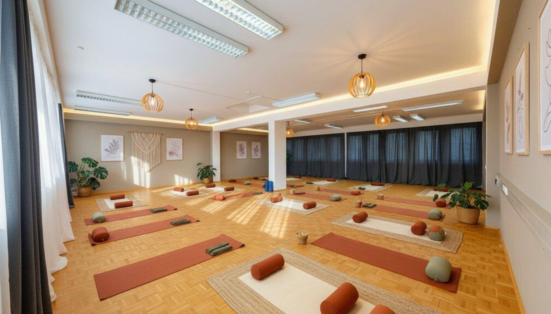 Geräumiger Yogaraum mit Holzparkett, vielen Yogamatten und stimmungsvoller Beleuchtung für Kurse.