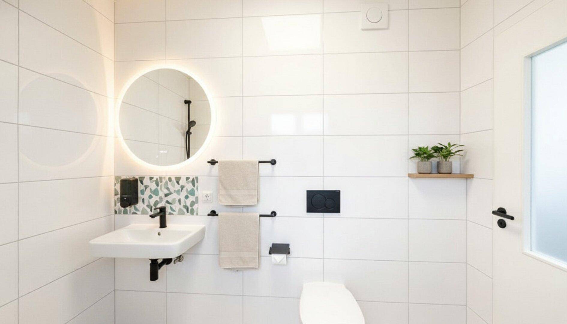 Barrierefreies Badezimmer mit Haltegriffen, großem Waschbecken und hellen Fliesen.