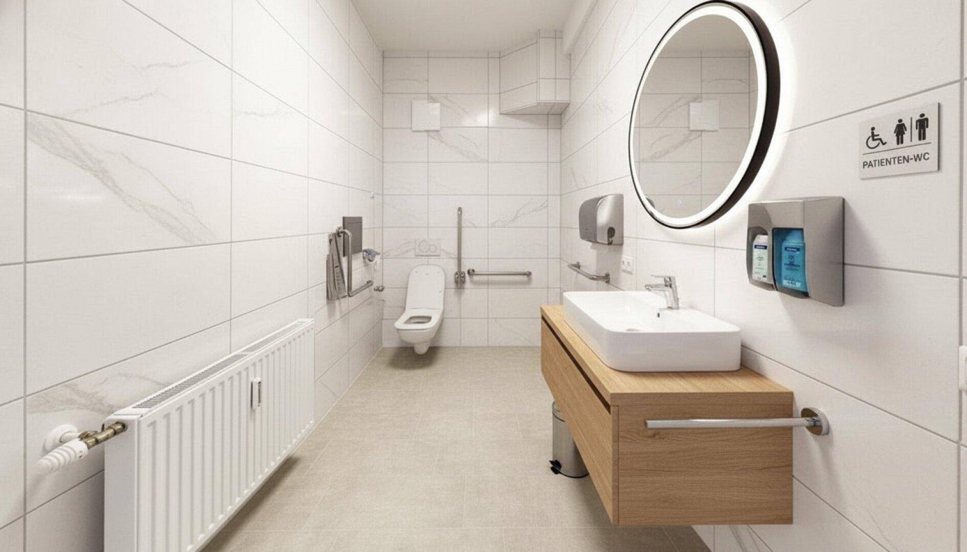 Barrierefreies Patient-WC mit Haltegriffen, großem Spiegel und modernem Waschtisch.