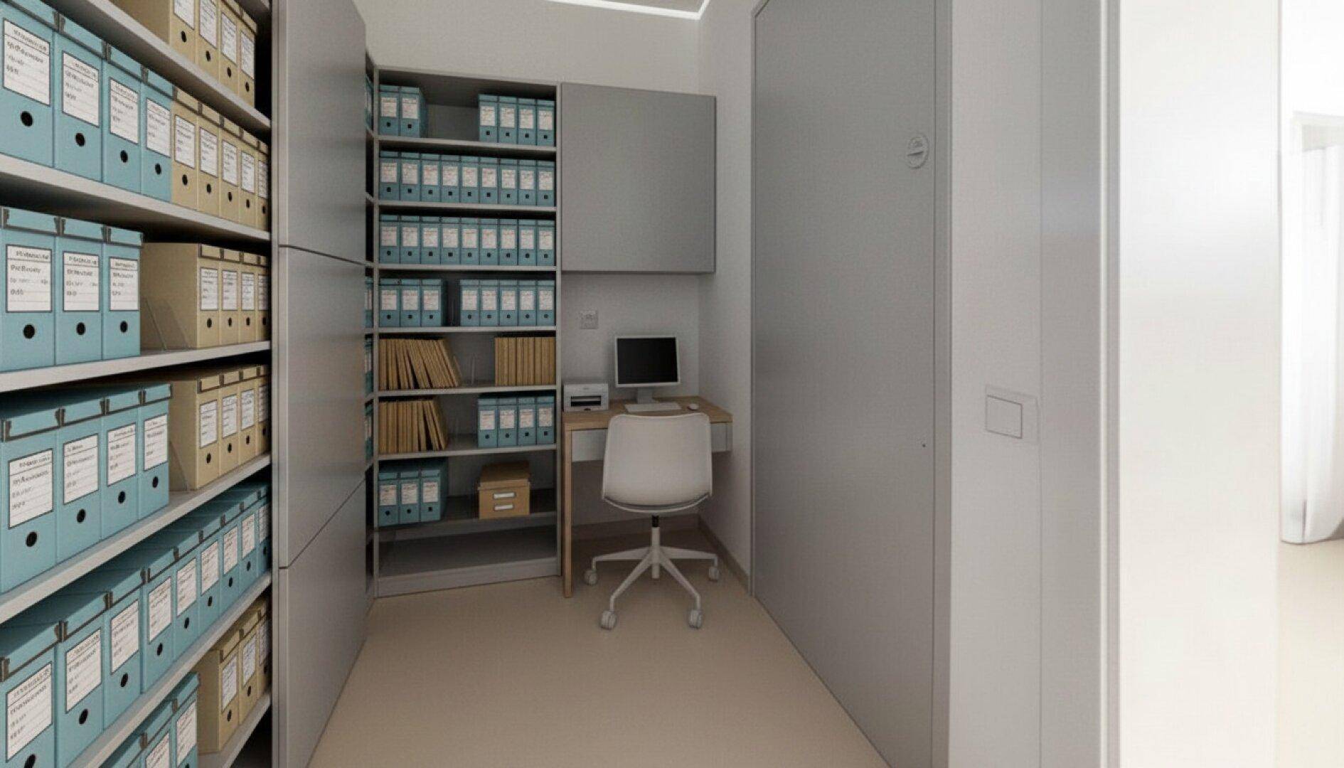 Archivraum mit umfangreichen Regalen für Akten, einem Schreibtisch und Computerarbeitsplatz.