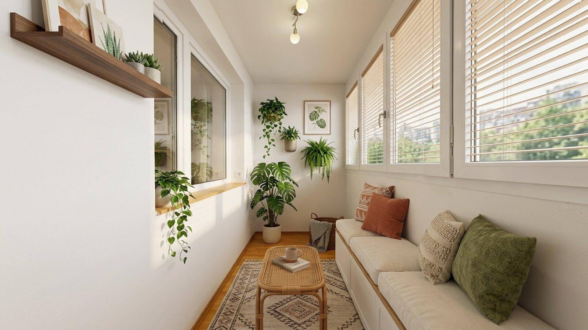 Gemütliche Loggia mit Pflanzen, Sitzgelegenheiten und viel Tageslicht, perfekt zum Entspannen und Verweilen.
