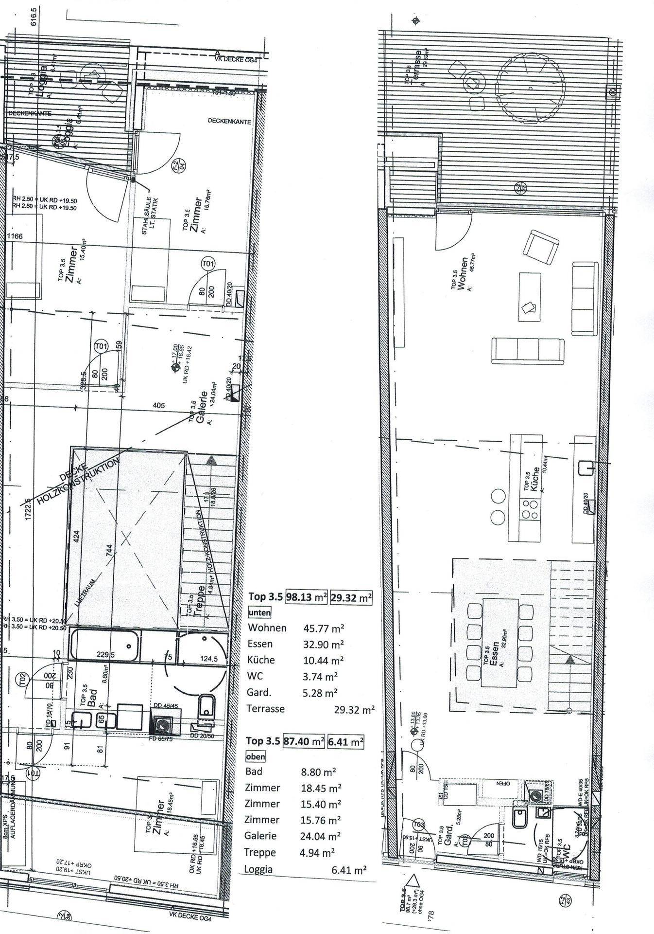 Detaillierter Grundrissplan mit Aufteilung der Räume auf zwei Ebenen und Flächenangaben.