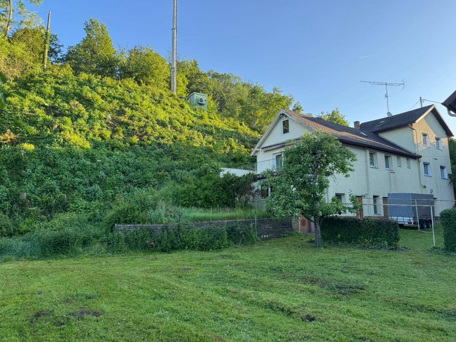 Gartenbereich mit Rasenfläche und Blick auf das Haus und den bewaldeten Hügel im Hintergrund.