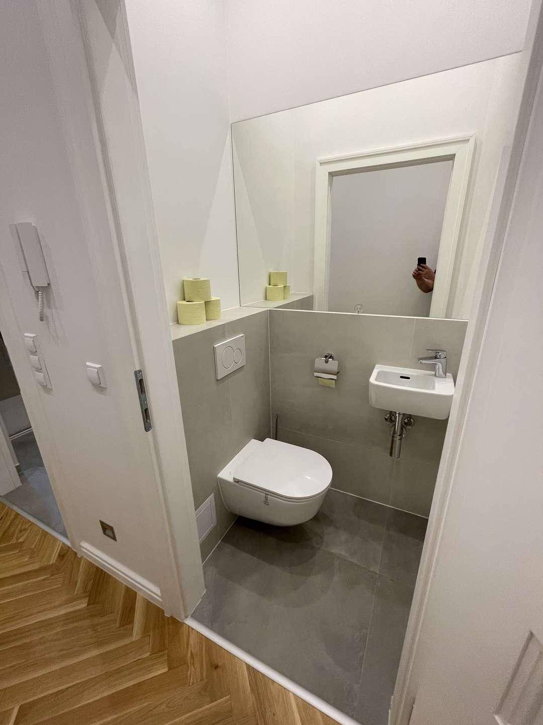Modernes Gäste-WC mit wandhängender Toilette und kleinem Handwaschbecken.