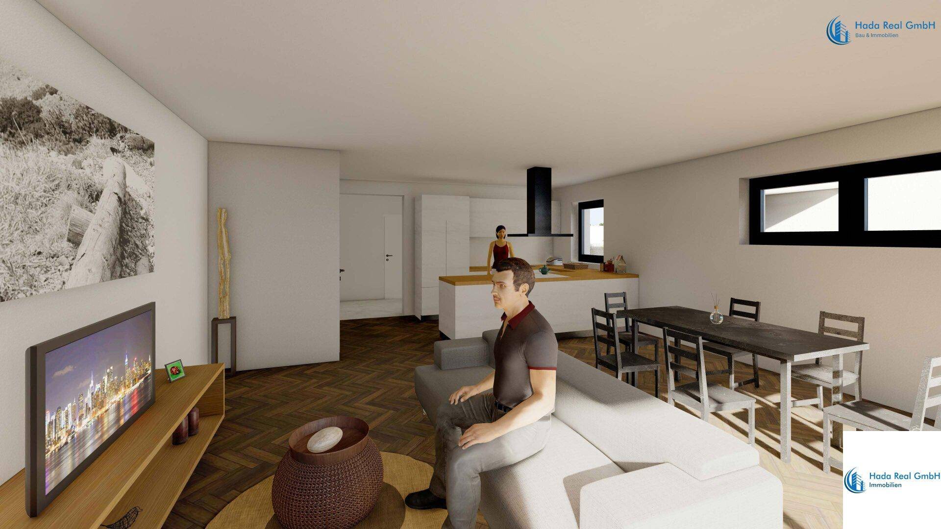 Moderner Wohnbereich mit Sofa, Fernseher, Essbereich und offener Küche mit Holzboden.