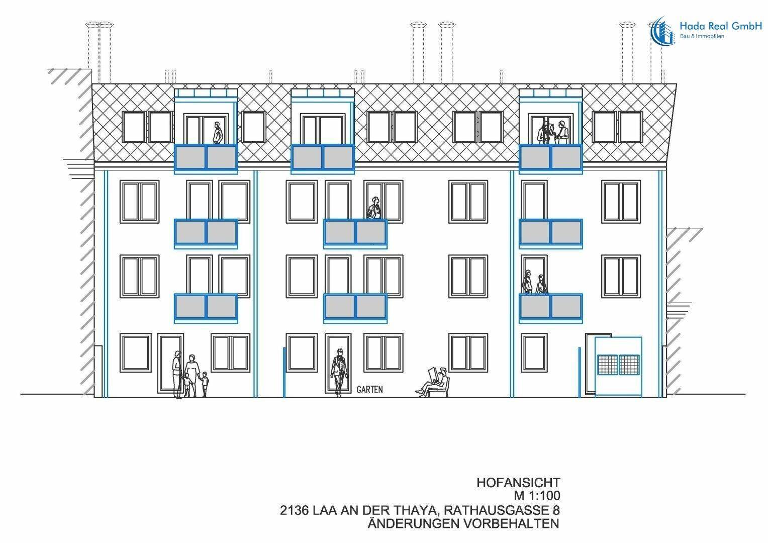 Architektonische Ansicht der Gebäudefassade zum Hof hin mit Balkonen und Zugang zum Gartenbereich.