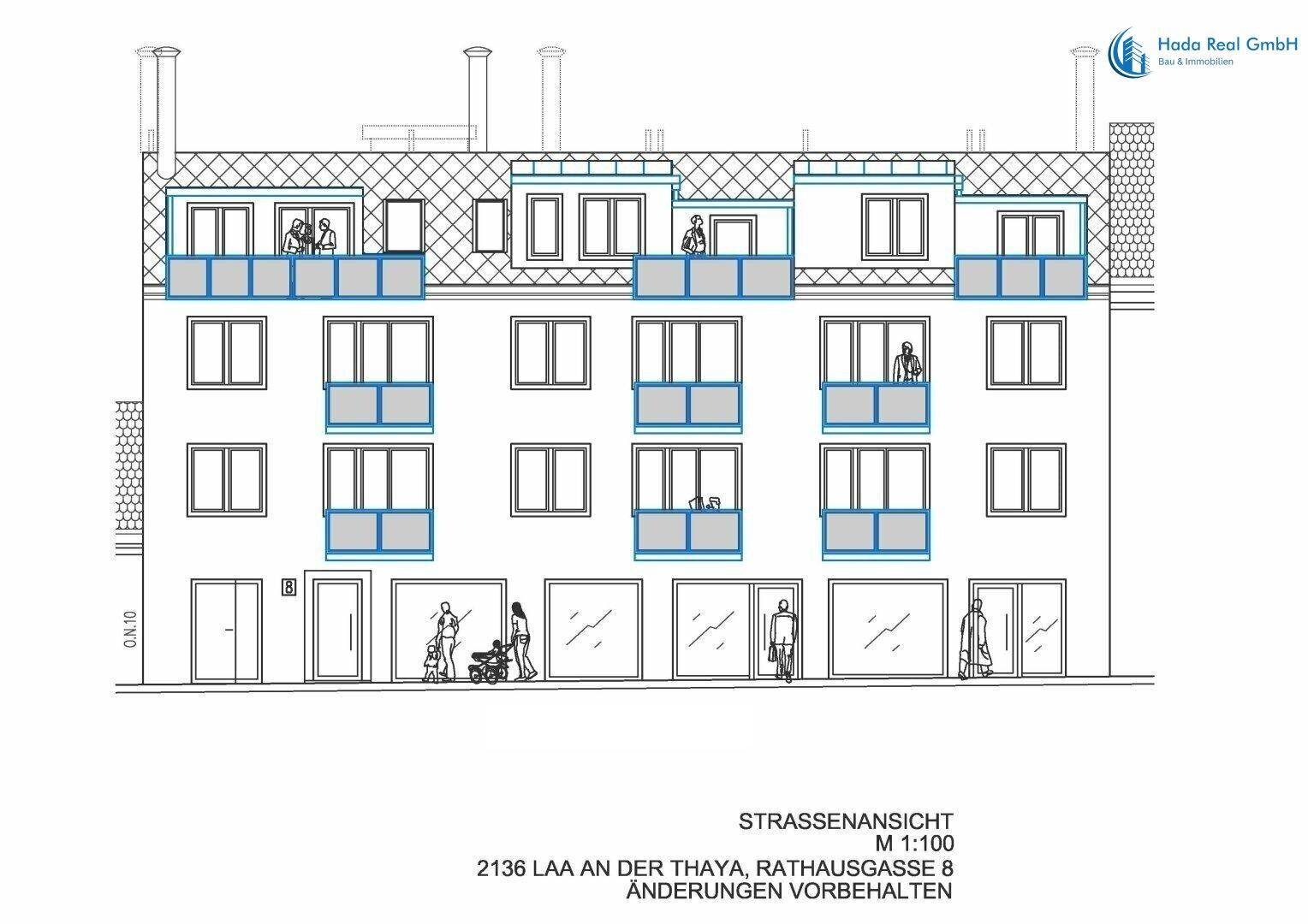 Architektonische Ansicht der Gebäudefassade zur Straße hin mit mehreren Balkonen und großen Fenstern.
