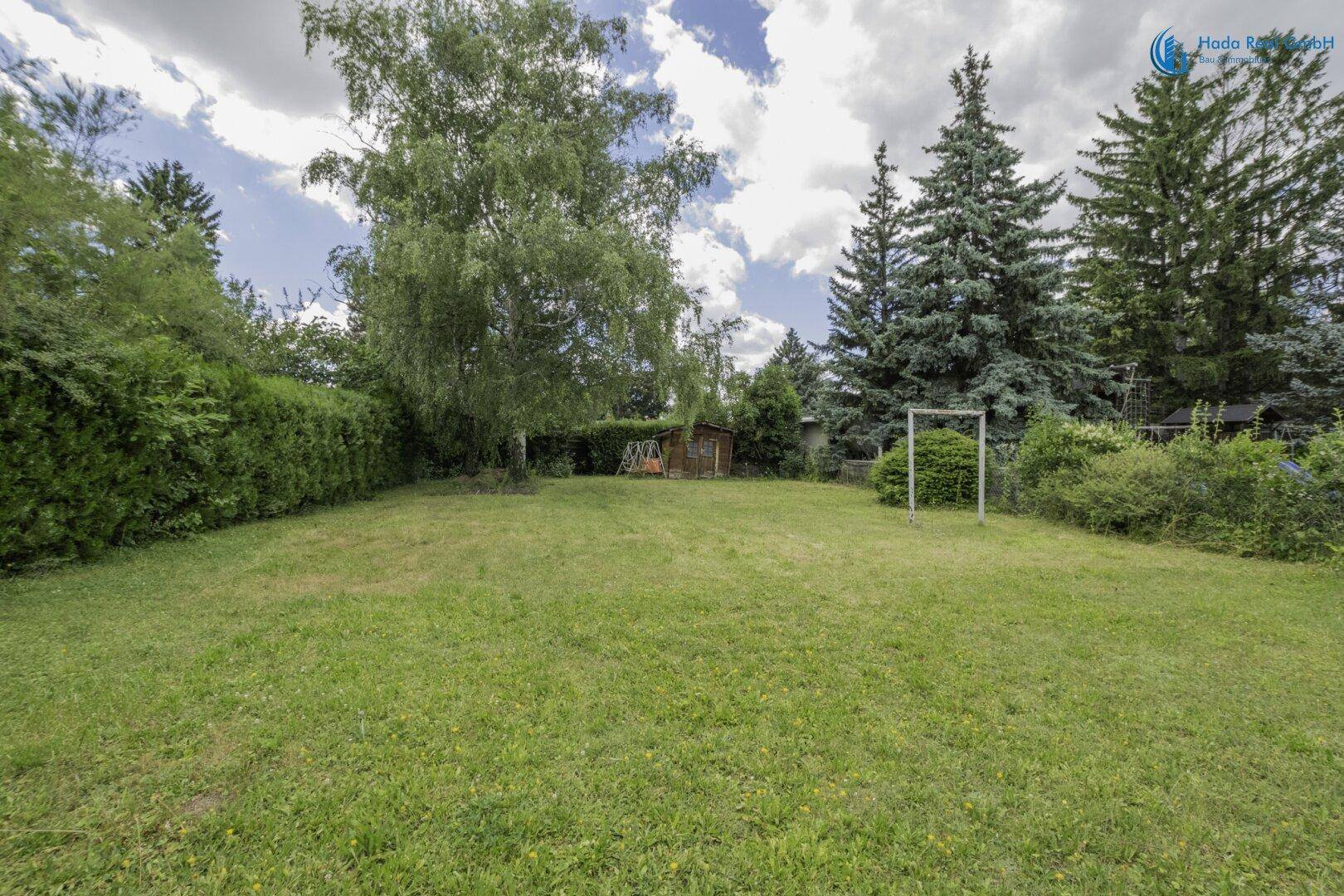 Weitläufige Rasenfläche im Garten mit Bäumen und Hecken im Hintergrund unter blauem Himmel.