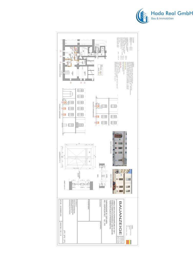 Übersicht der Baupläne mit Grundrissen, Ansichten und weiteren architektonischen Details des Gebäudes.