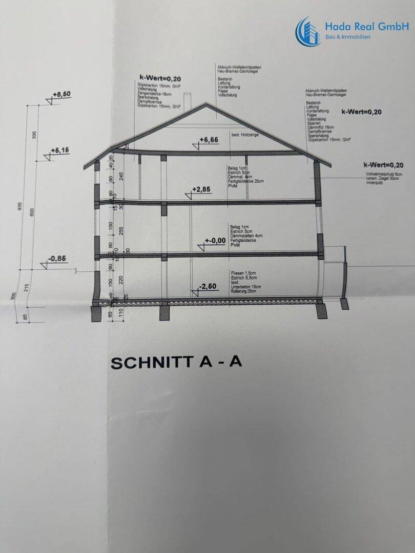 Schnittzeichnung des Gebäudes, die die verschiedenen Stockwerke und Dachkonstruktion zeigt.