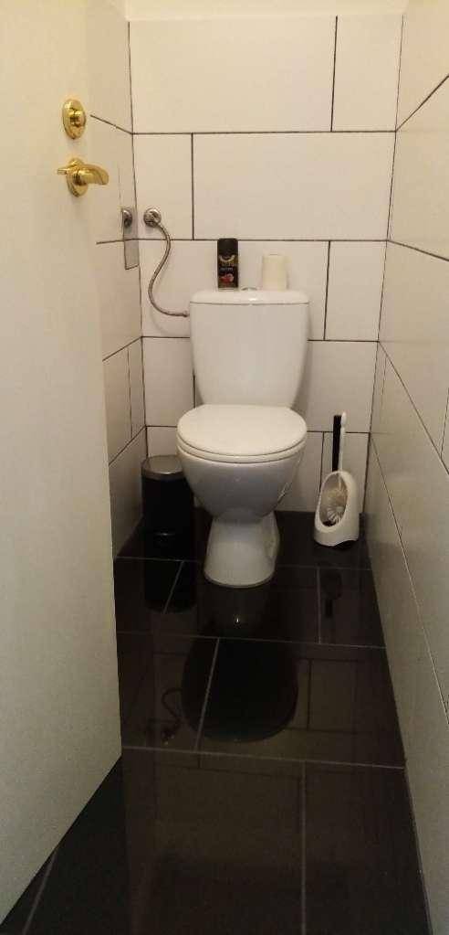 Kleines WC mit weißer Toilette und dunklen Fliesen, funktional und sauber gestaltet.