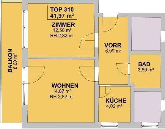 Grundriss der Wohnung TOP 310 mit Zimmer, Wohnbereich, Küche, Bad und Balkon.