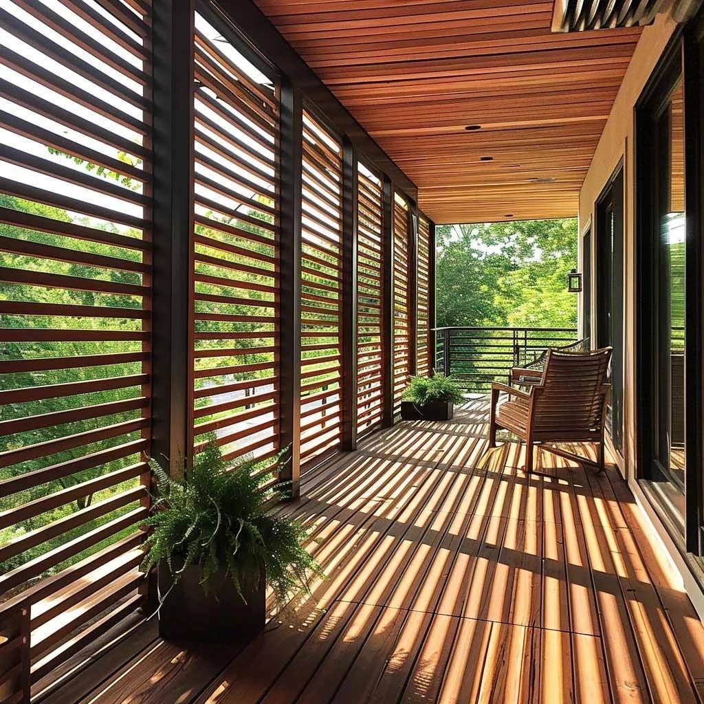 Sonniger Balkon mit Holzboden, Holzlamellen als Sichtschutz und Blick ins Grüne.