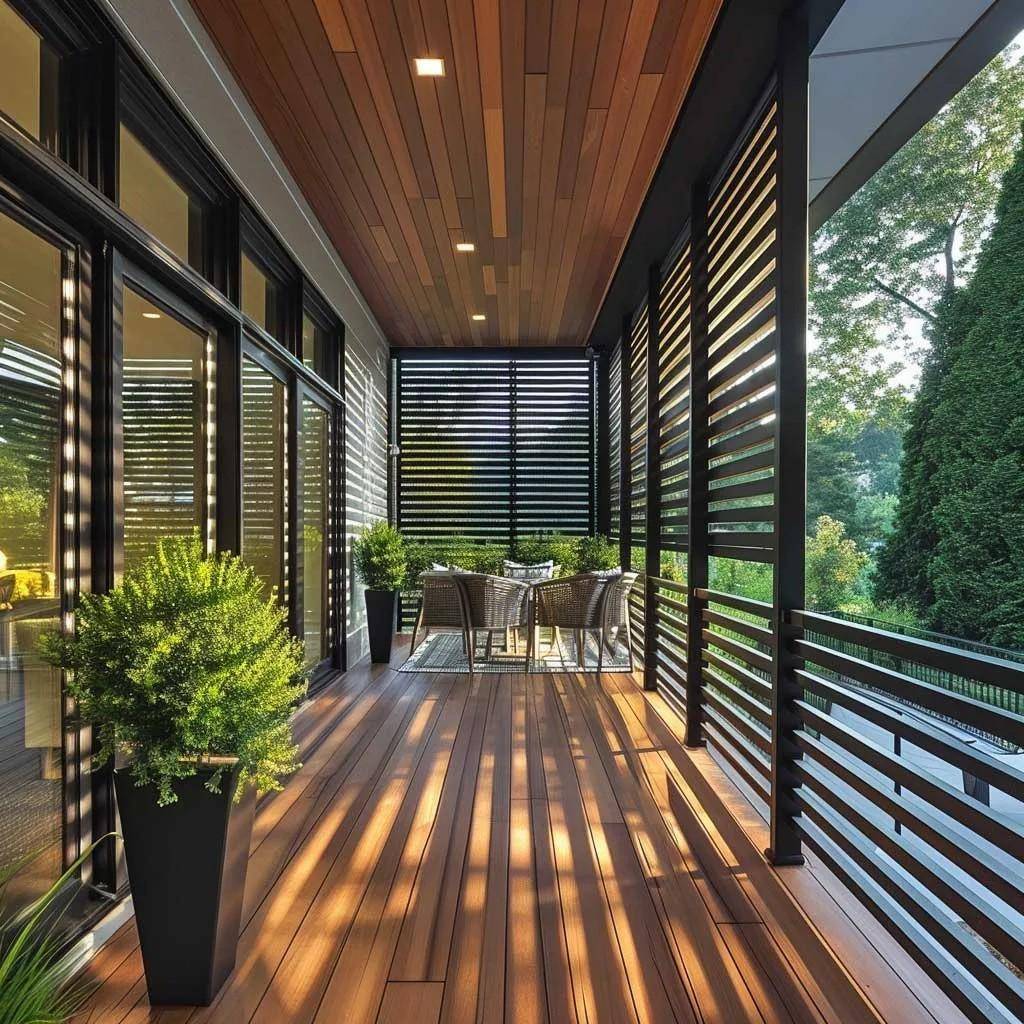 Geräumiger Balkon mit Holzverkleidung, Essbereich und Blick ins Grüne, ideal für Mahlzeiten im Freien.