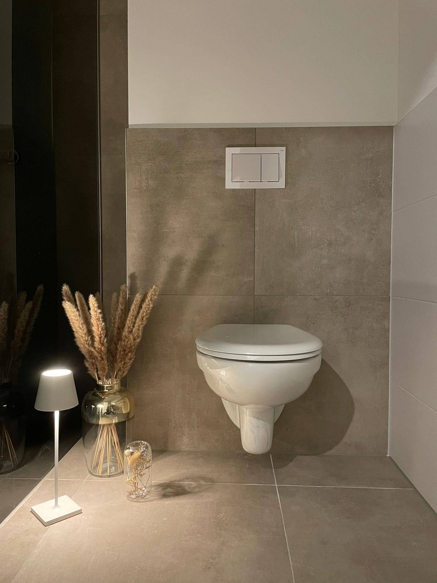 Modernes Gäste-WC mit wandhängender Toilette und großformatigen Fliesen in warmen Grautönen.