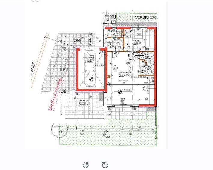 Grundriss des Erdgeschosses mit Garage, offenem Wohnbereich, Küche und angrenzender Terrasse.