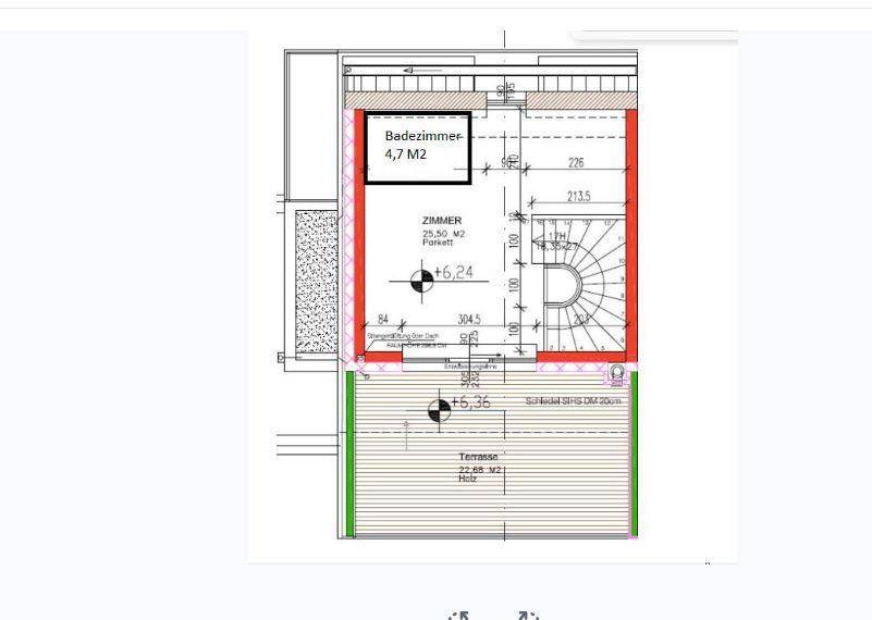 Grundriss des Dachgeschosses mit einem Zimmer, Badezimmer und einer großen Dachterrasse.