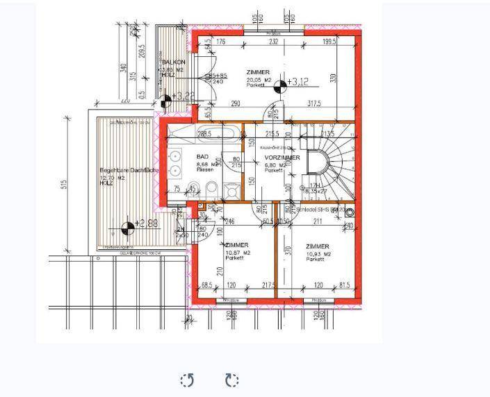 Grundriss des Obergeschosses mit drei Schlafzimmern, einem Badezimmer und einem Balkon.