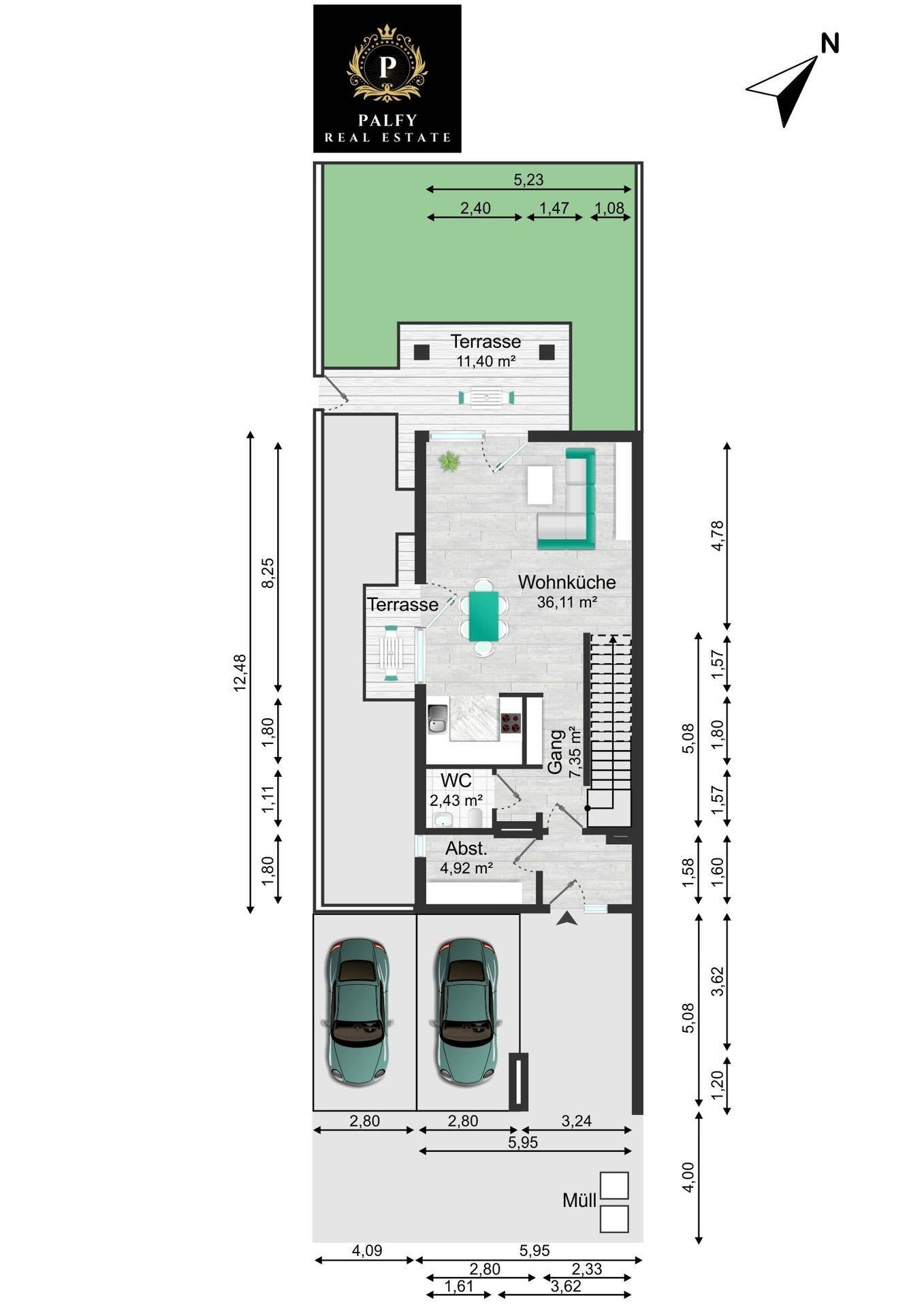 Grundriss des Erdgeschosses mit offener Wohnküche, Terrasse und zwei Parkplätzen.
