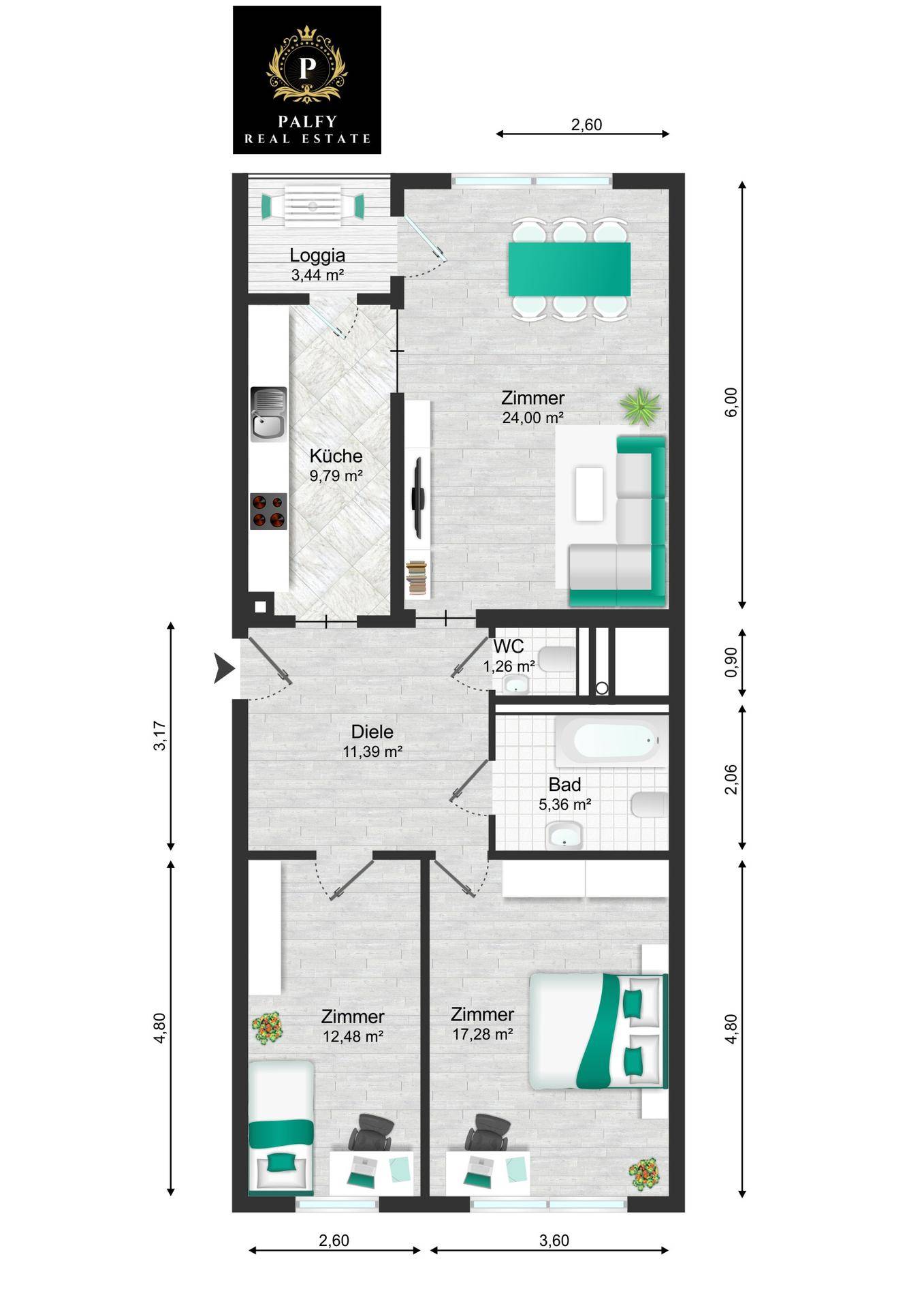 Detaillierter Grundriss der Wohnung mit Raumaufteilung und Flächenangaben.