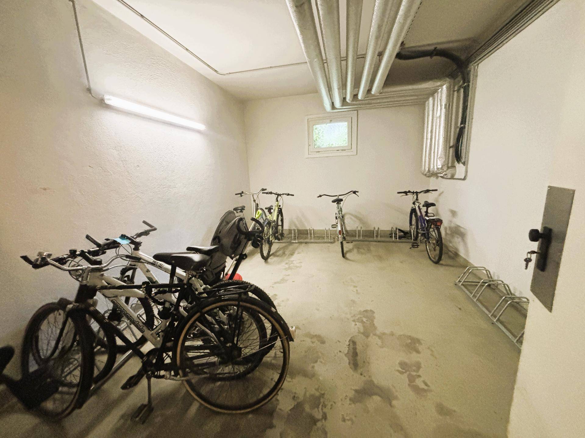 Heller Fahrradraum im Untergeschoss mit mehreren Fahrrädern und Wandhalterungen.