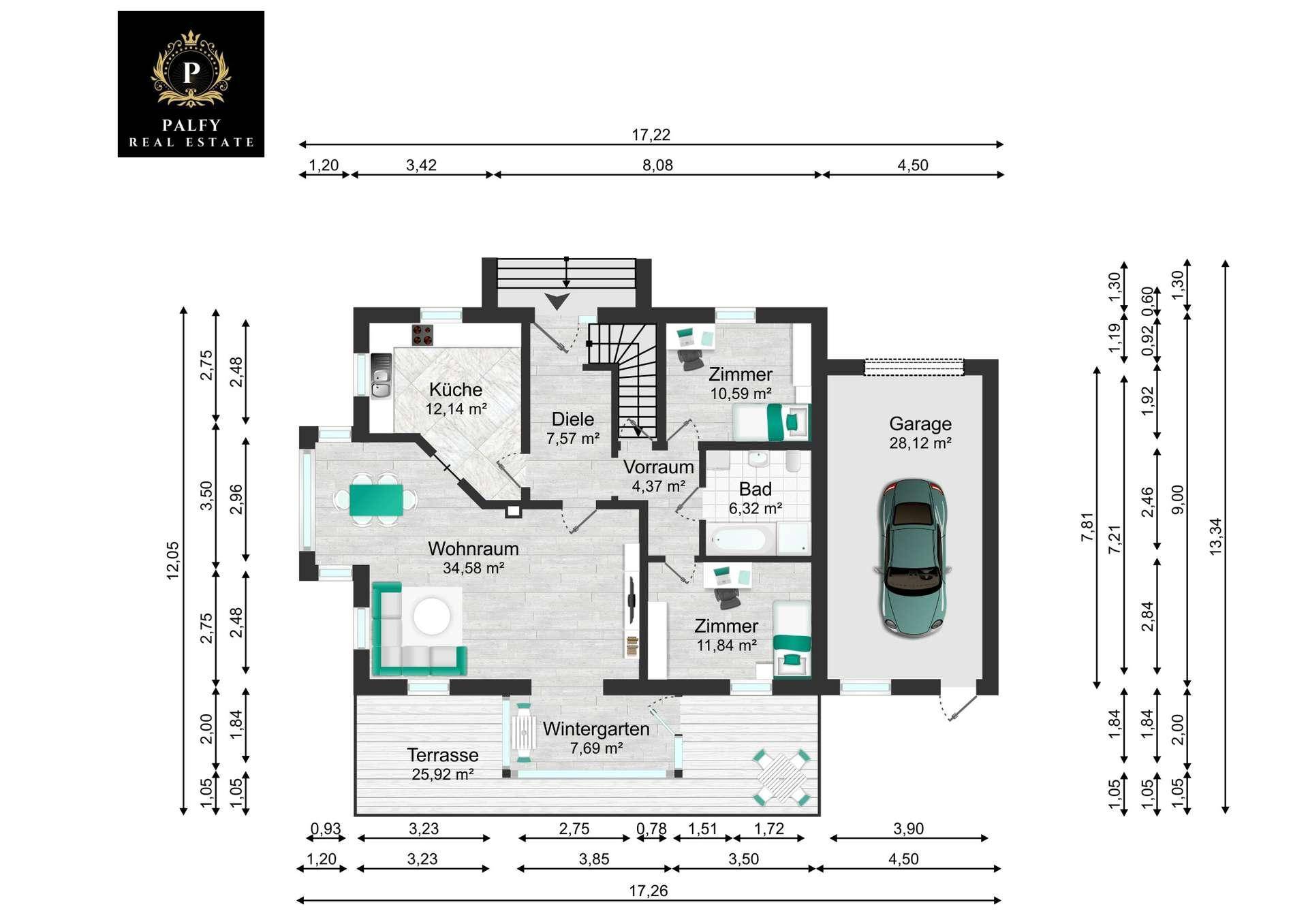 Grundriss des Erdgeschosses mit Küche, Wohnraum, Wintergarten, Terrasse und integrierter Garage.