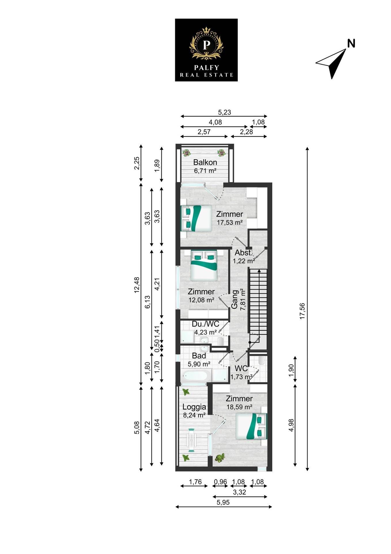 Grundriss des Obergeschosses mit drei Zimmern, Bad, Dusche/WC und Balkon.