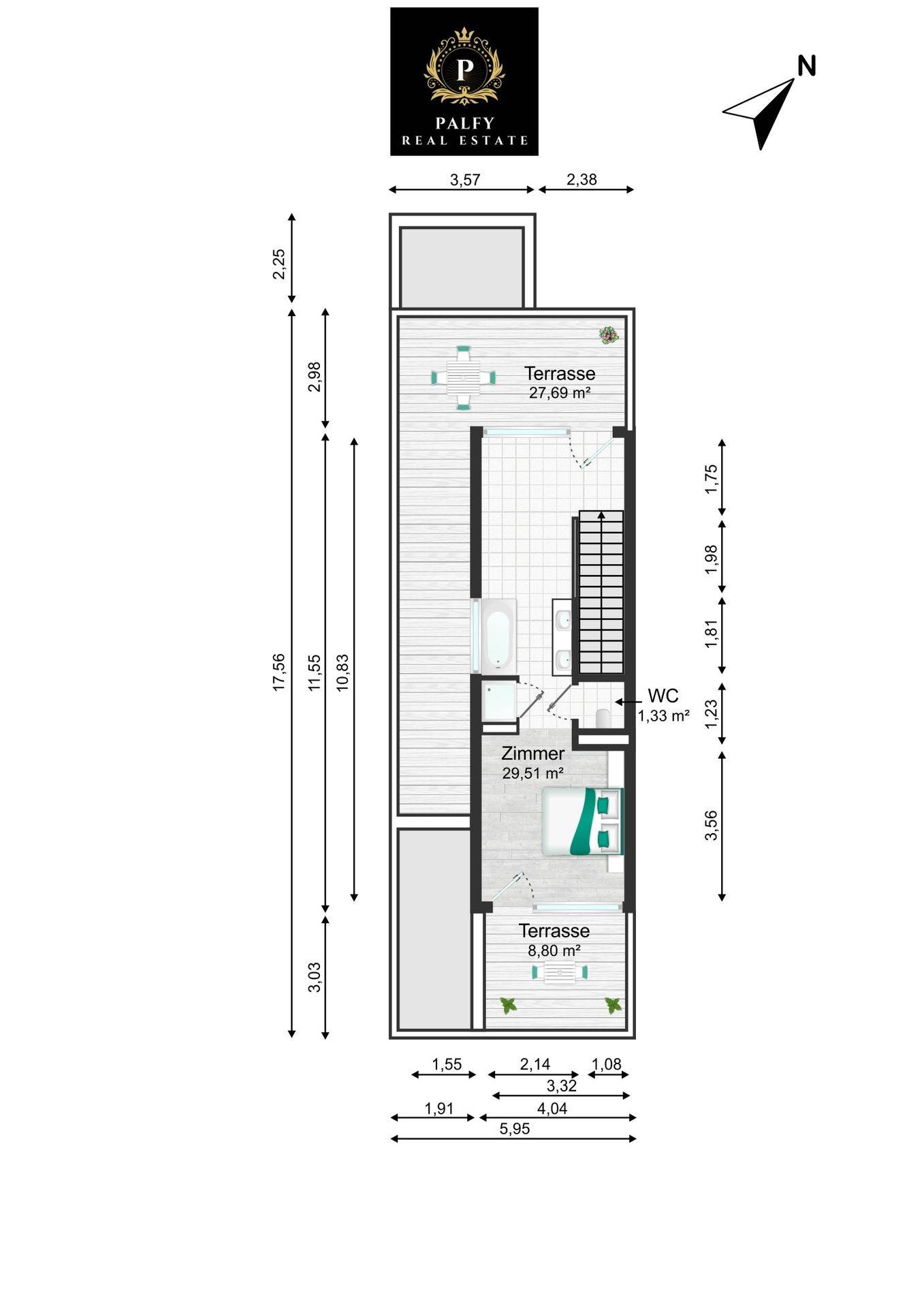Grundriss des Dachgeschosses mit einem Zimmer, Bad und zwei Terrassen.