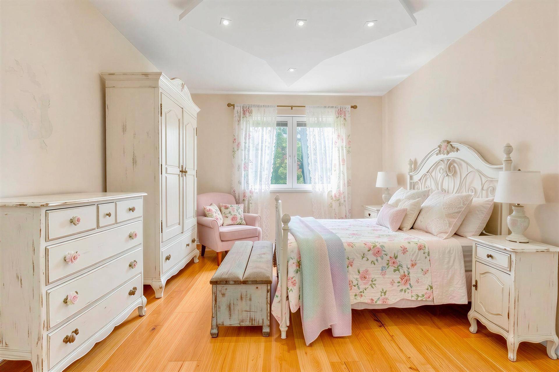 Charmantes Schlafzimmer im Vintage-Stil mit floraler Bettwäsche und hellen Holzmöbeln.