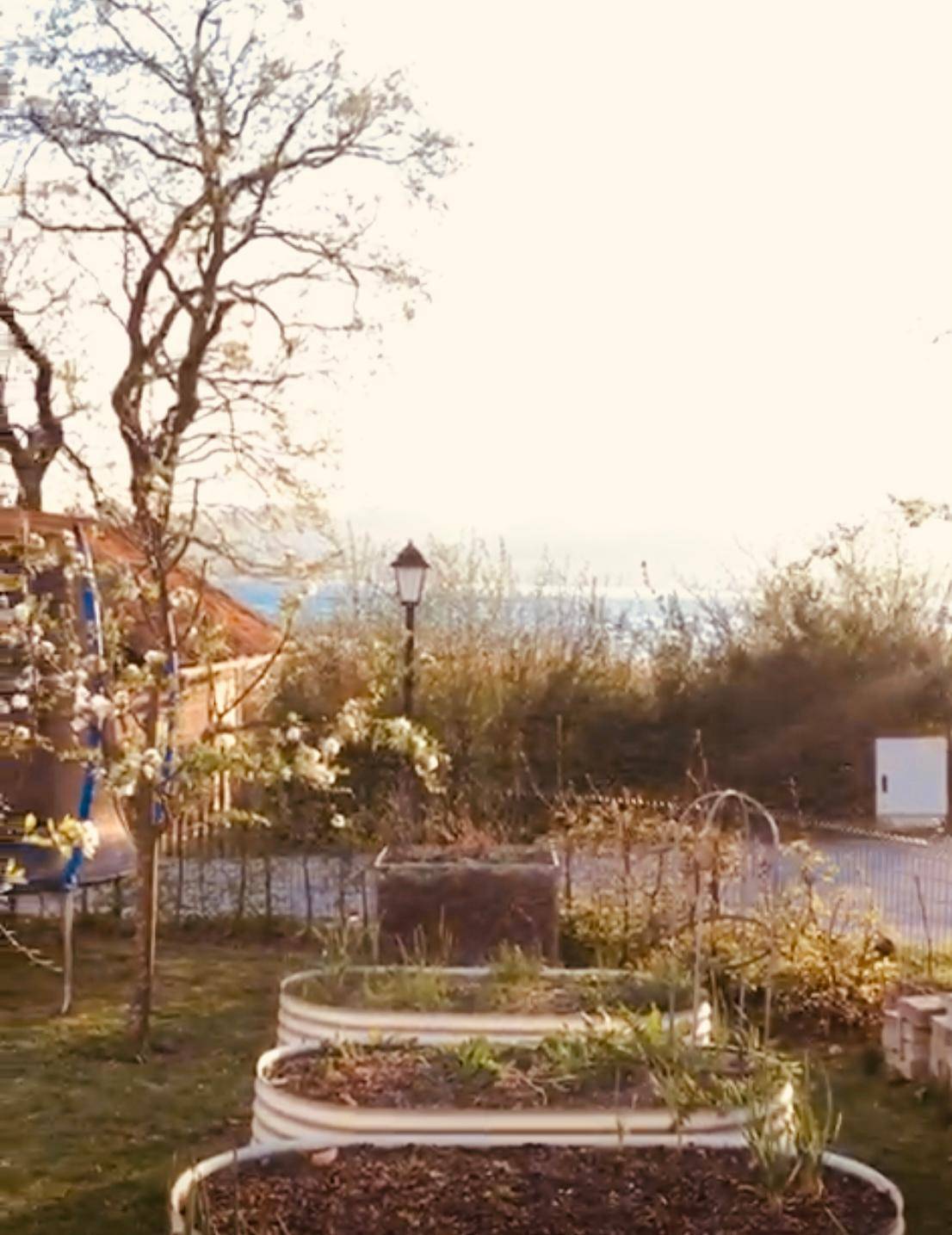 Gartenbereich mit Hochbeeten und Blick auf den See in der Ferne bei Sonnenuntergang.