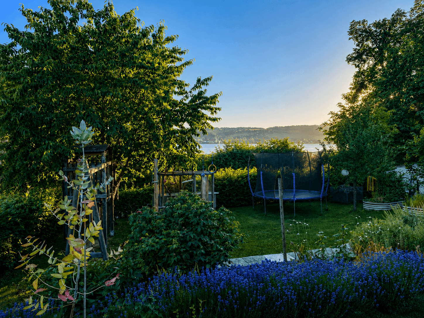 Grüner Garten mit Trampolin, Bäumen und einem malerischen Blick auf den See.