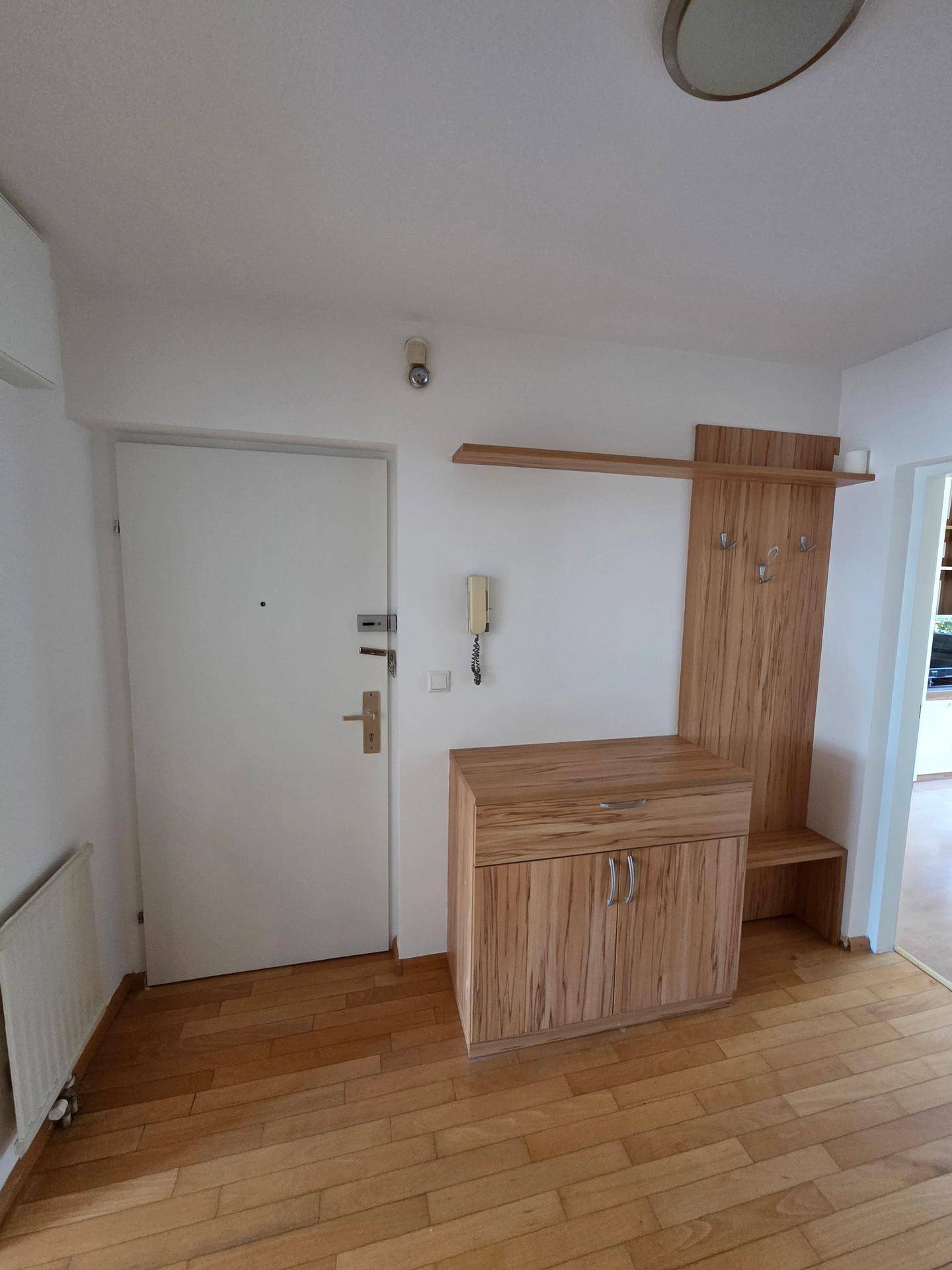 Heller Eingangsbereich mit Holzboden, Garderobe und Gegensprechanlage.