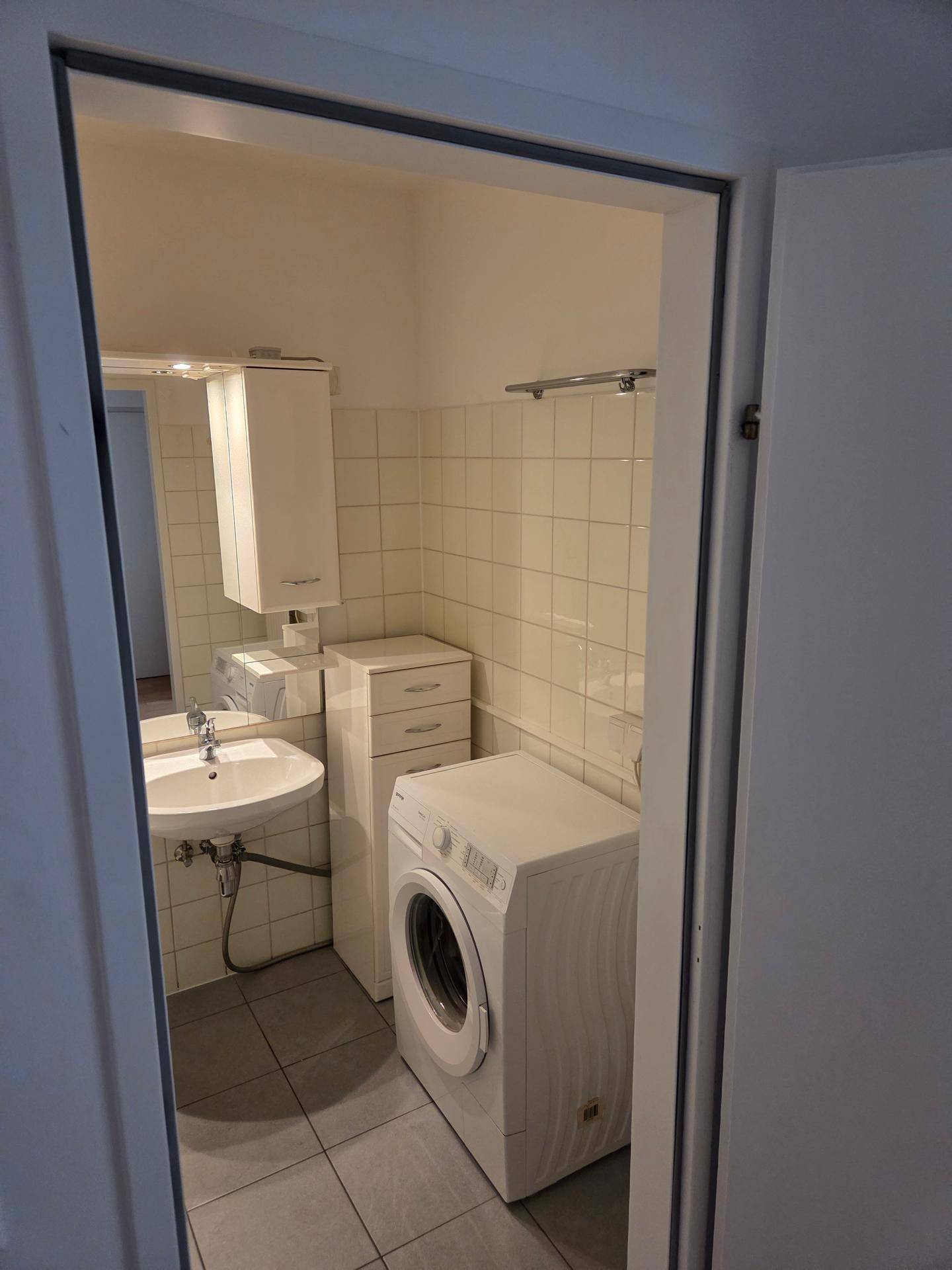 Kleiner Waschraum mit Waschbecken, Spiegelschrank und Waschmaschine.
