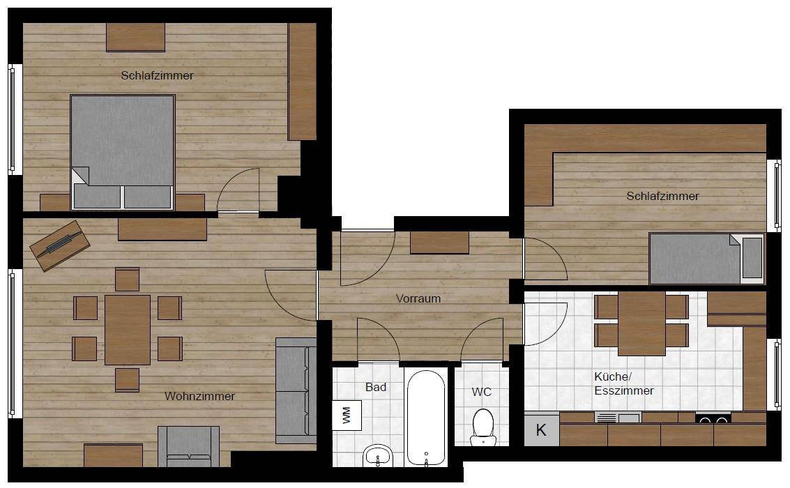 Grundriss einer Wohnung mit zwei Schlafzimmern, Wohnzimmer und separater Küche.