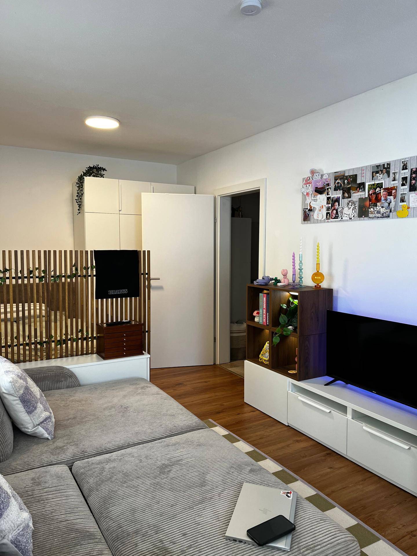 Moderner Wohnbereich mit großem Sofa, TV-Möbeln und dekorativen Elementen für ein stilvolles Ambiente.
