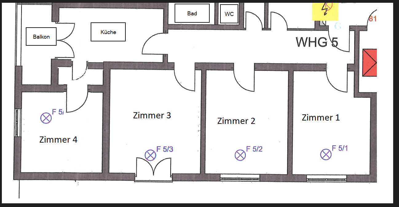 Grundriss der Wohnung mit vier Zimmern, Küche, Bad und Balkon.