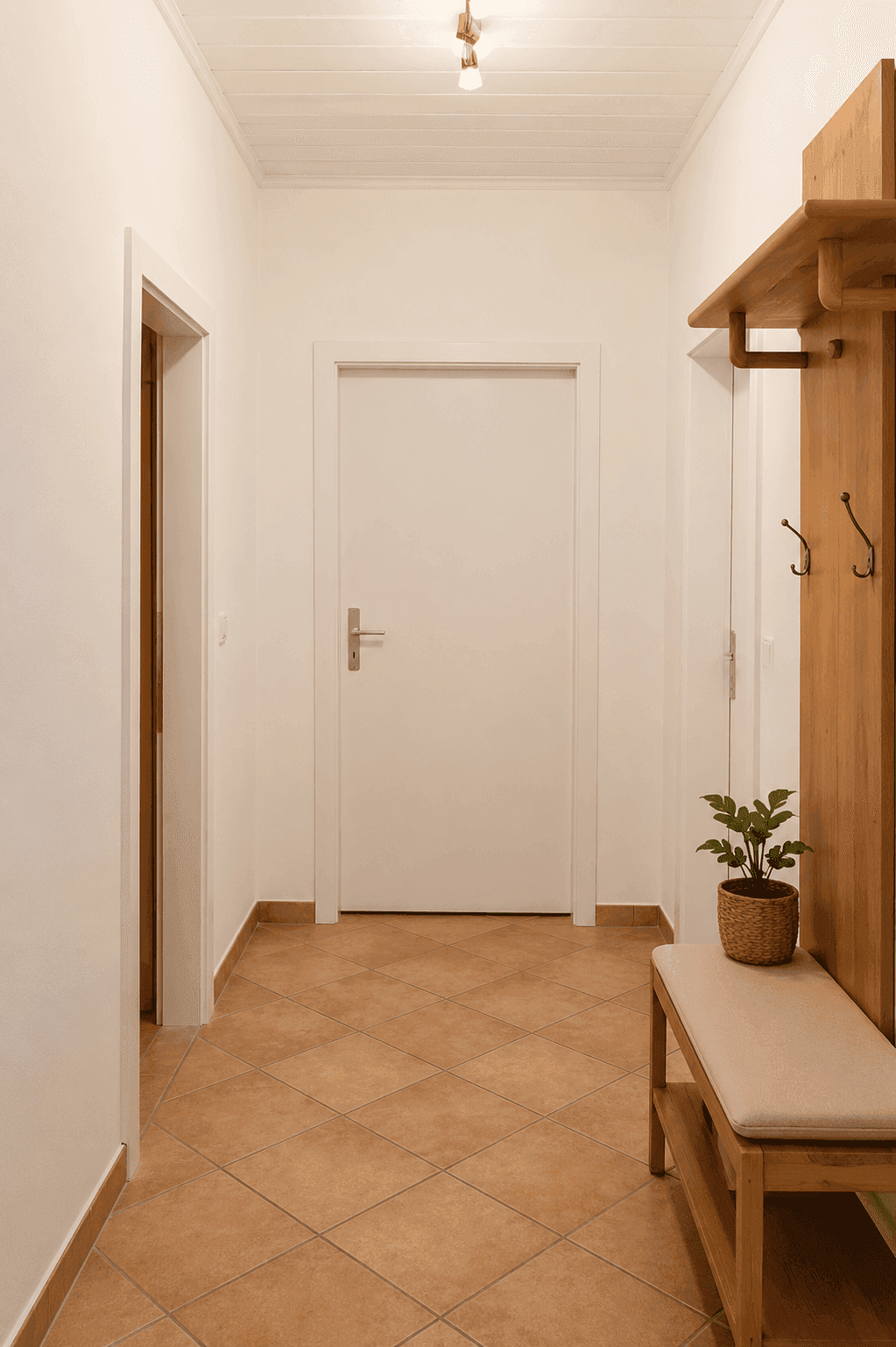 Heller Flur mit Terrakotta-Fliesen, Garderobe und weiß gestrichenen Wänden.