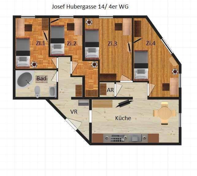 Grundriss einer Wohngemeinschaft mit vier Zimmern, Bad, Abstellraum und Küche.