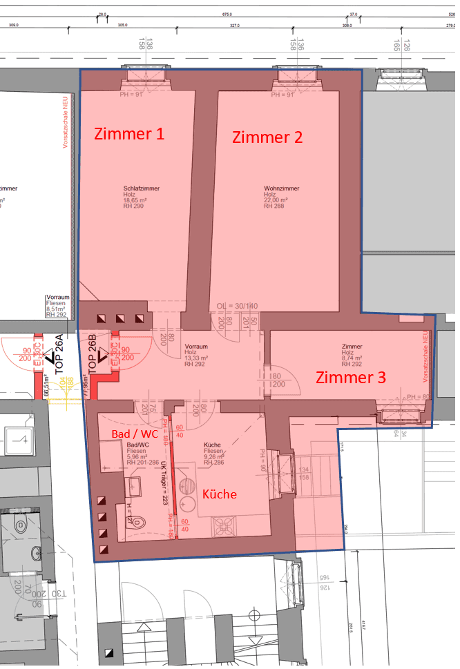 Grundrissplan mit drei Zimmern, Bad/WC und Küche, inklusive Flächenangaben und Deckenhöhen.