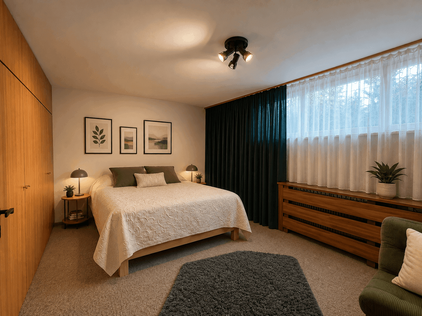 Modern eingerichtetes Schlafzimmer mit Doppelbett, Holzschrank und großen Fenstern.