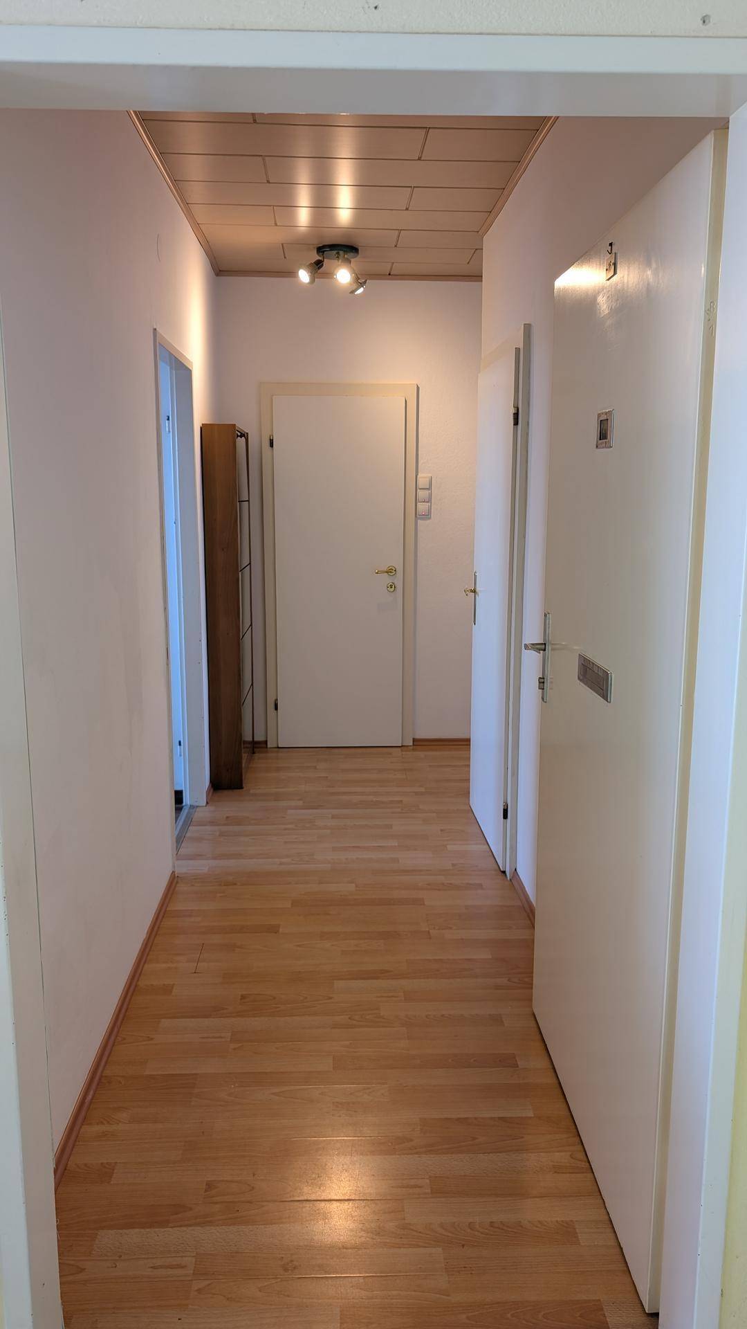 Heller Flur mit Laminatboden und mehreren weißen Türen zu den angrenzenden Räumen.