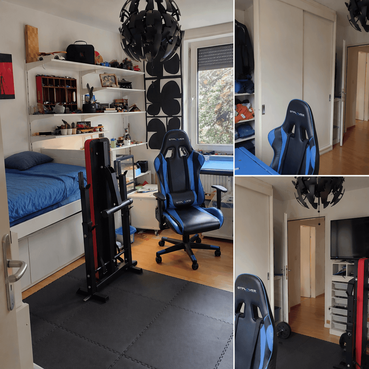 Vielseitiges Schlafzimmer mit Bett, Schreibtisch, Gaming-Stuhl und kleinem Trainingsbereich.