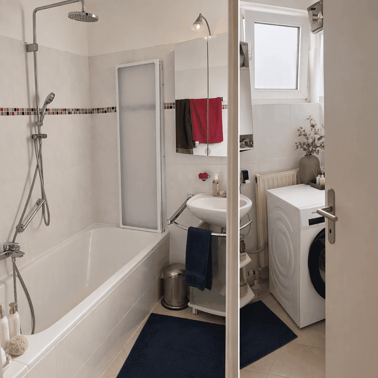 Badezimmer mit Badewanne, Dusche, Waschbecken und Waschmaschine, hell gefliest.