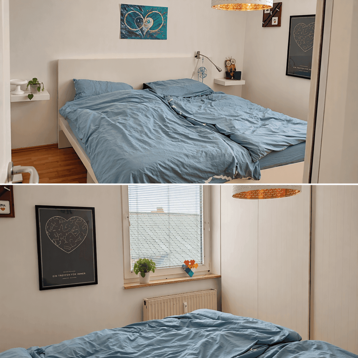 Helles Schlafzimmer mit Doppelbett, blauer Bettwäsche und großem Fenster.