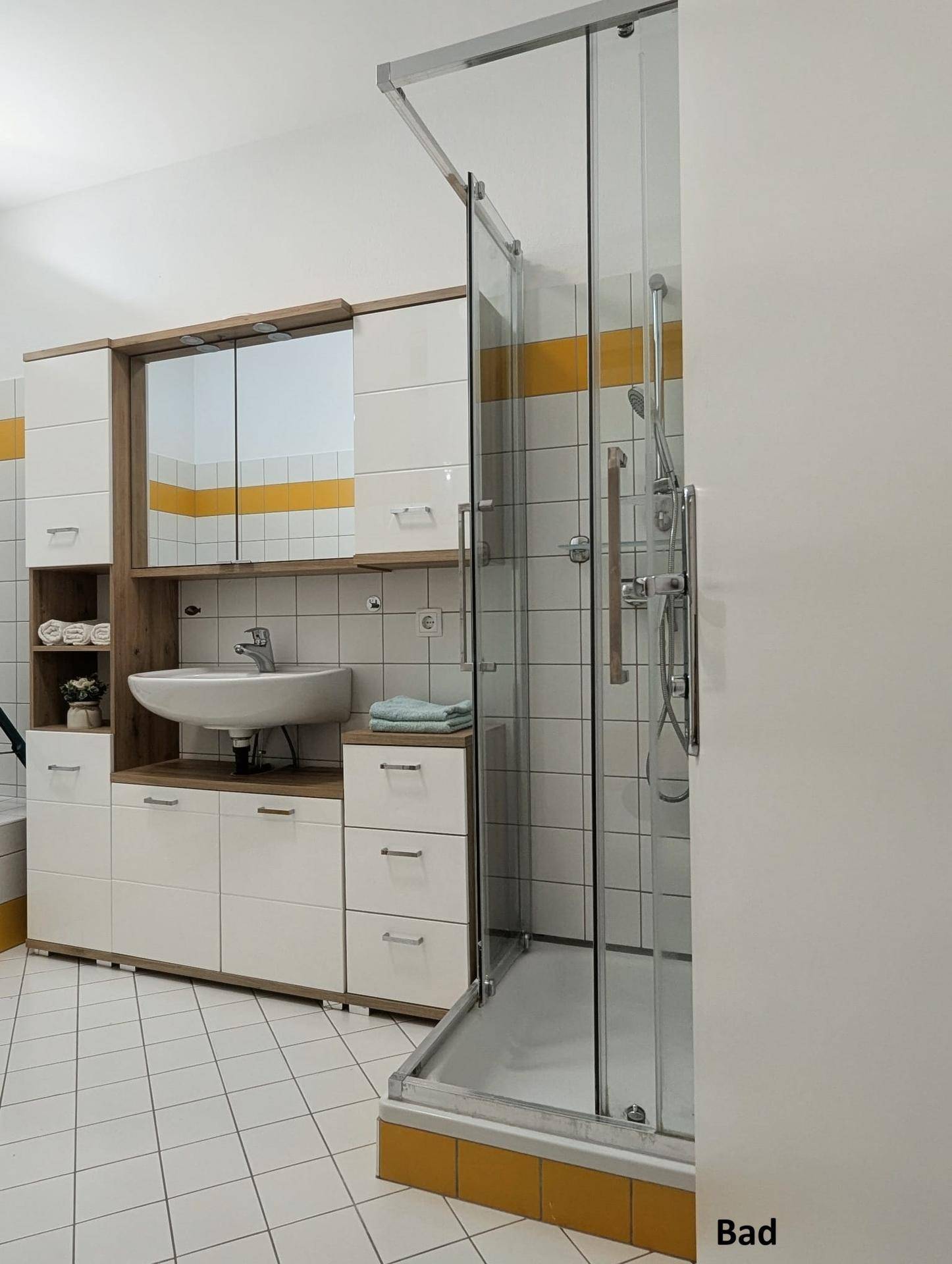 Modernes Badezimmer mit Duschkabine, Waschtisch und Spiegelschrank, hell gefliest.