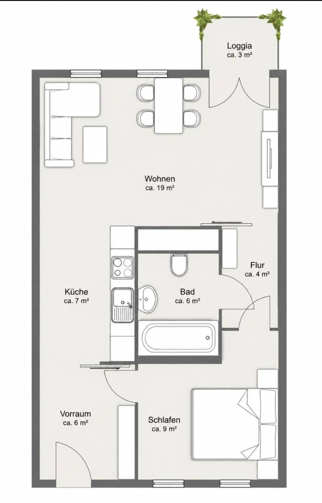 Grundriss einer Wohnung mit Loggia, offenem Wohnbereich und separatem Schlafzimmer.