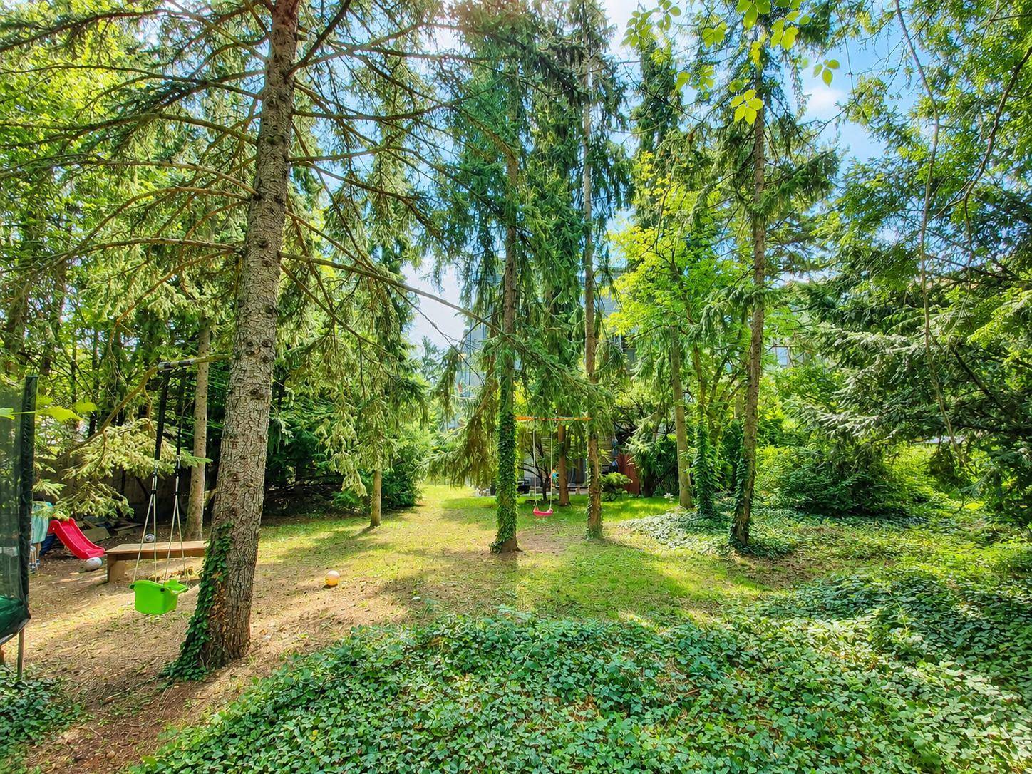 Großer, naturbelassener Gartenbereich mit Bäumen und Spielgeräten für Kinder.