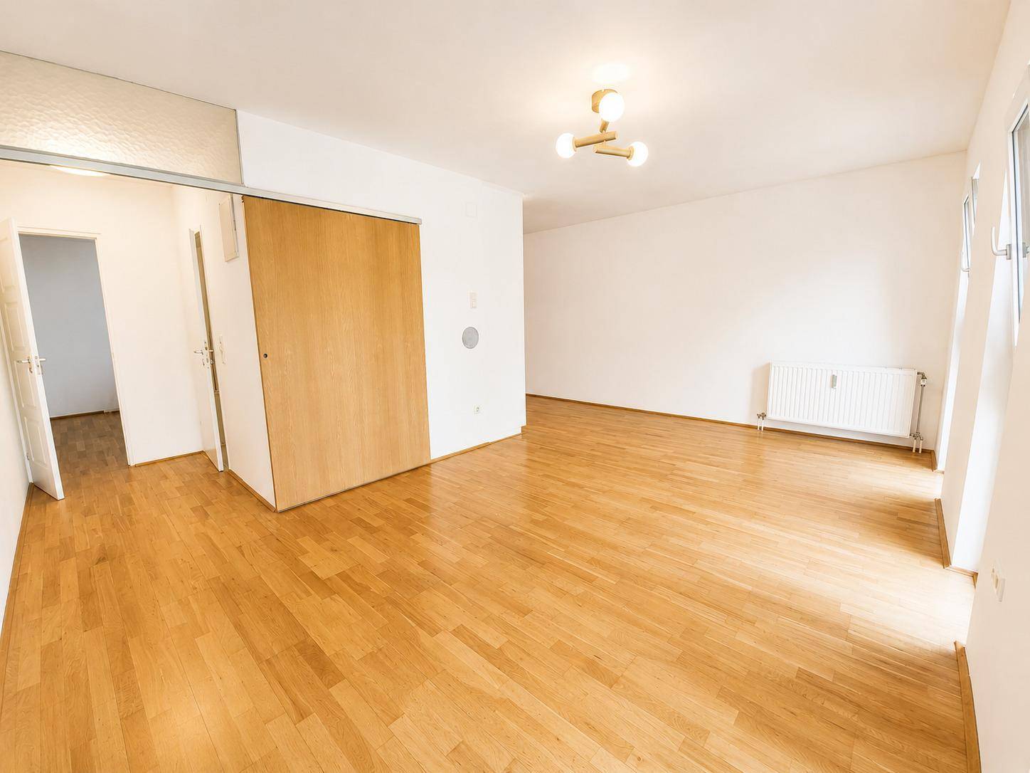 Offener Wohnbereich mit Parkettboden und Schiebetür, die den Raum flexibel gestaltet.