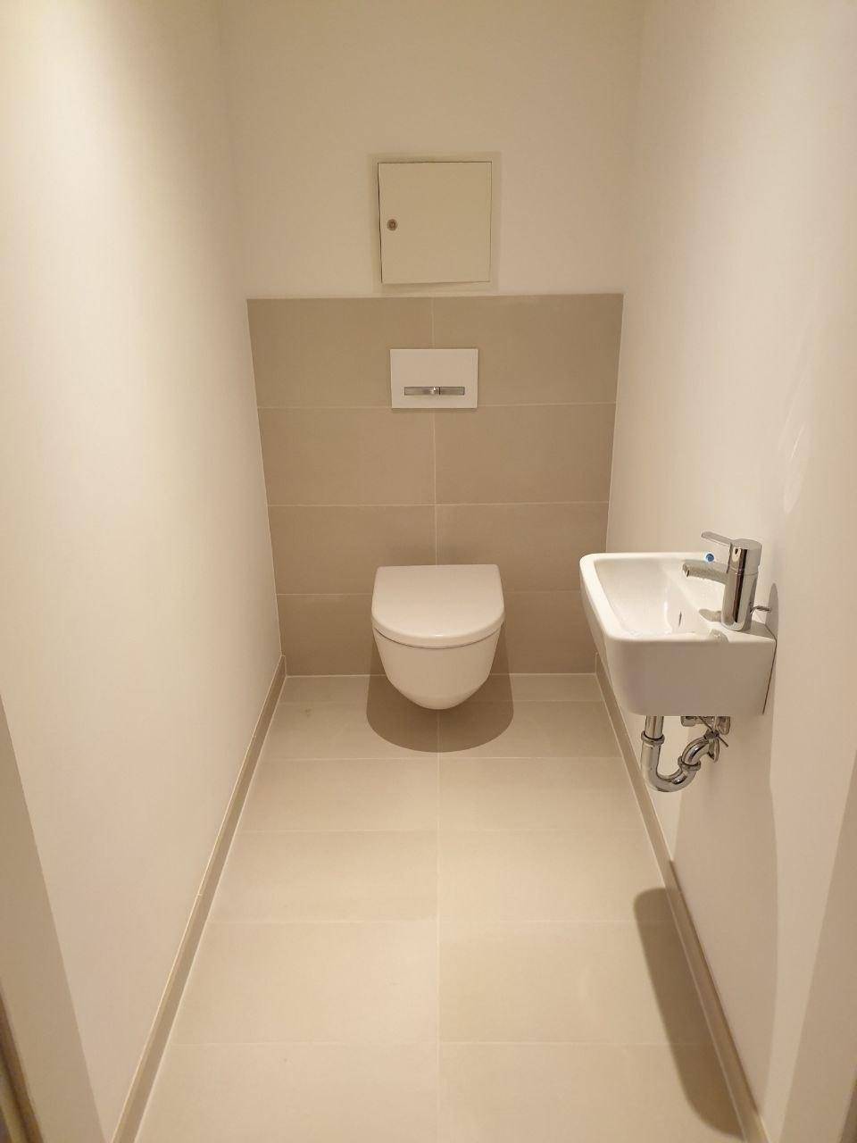 Modernes Gäste-WC mit Wand-WC und kleinem Waschbecken.